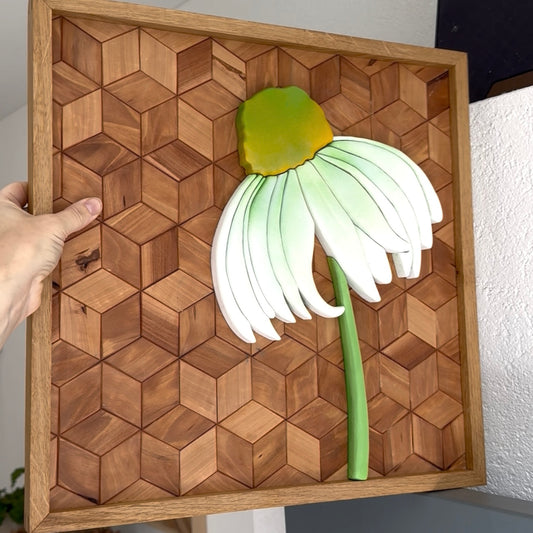 Mini-Mosaik aus Birnenholz mit Echinacea-Blume, Hexagonmuster, ca. 41x41cm