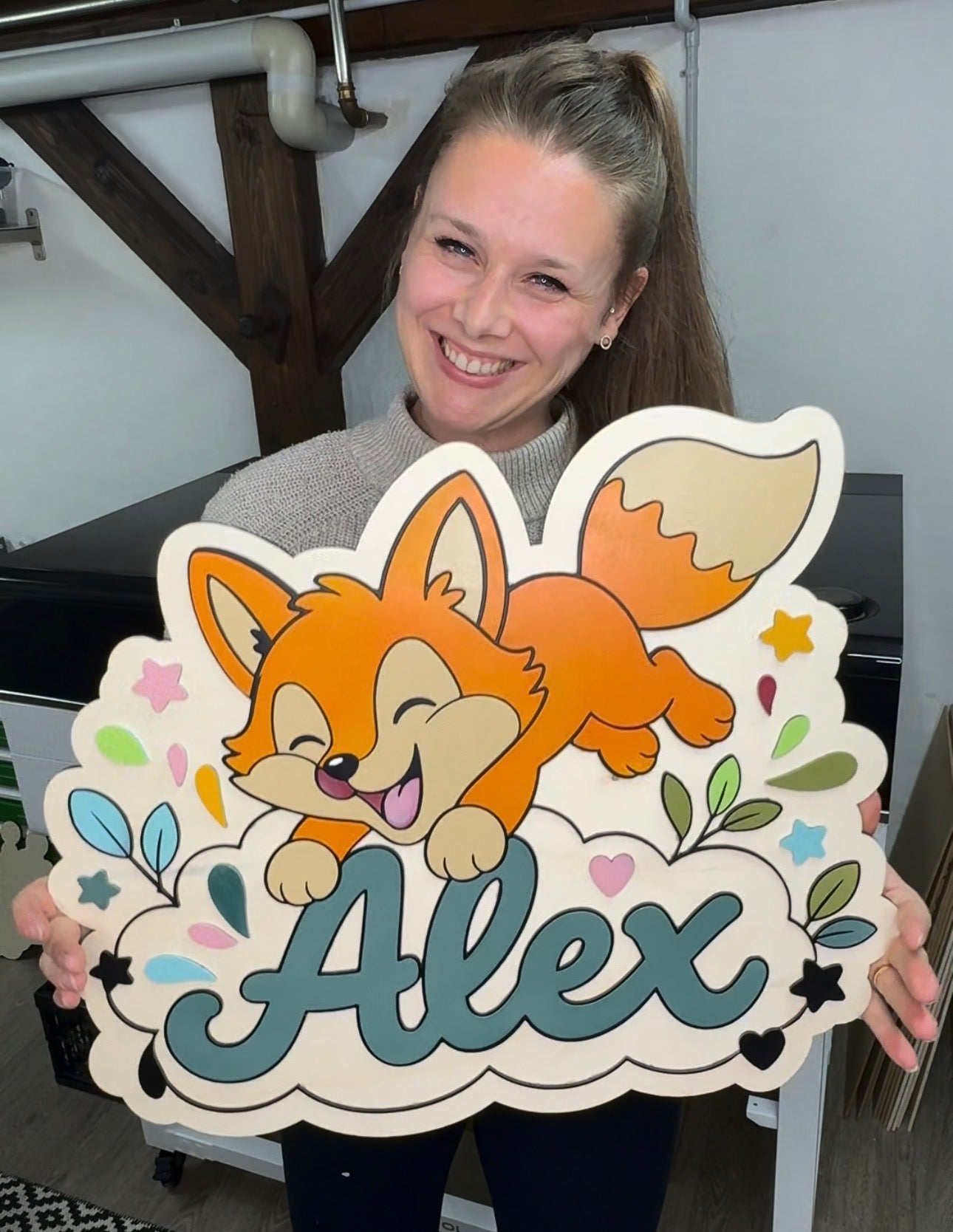 Personalisiertes Fuchs Namensschild aus Holz | Handgemachte Kinderzimmer Wanddeko