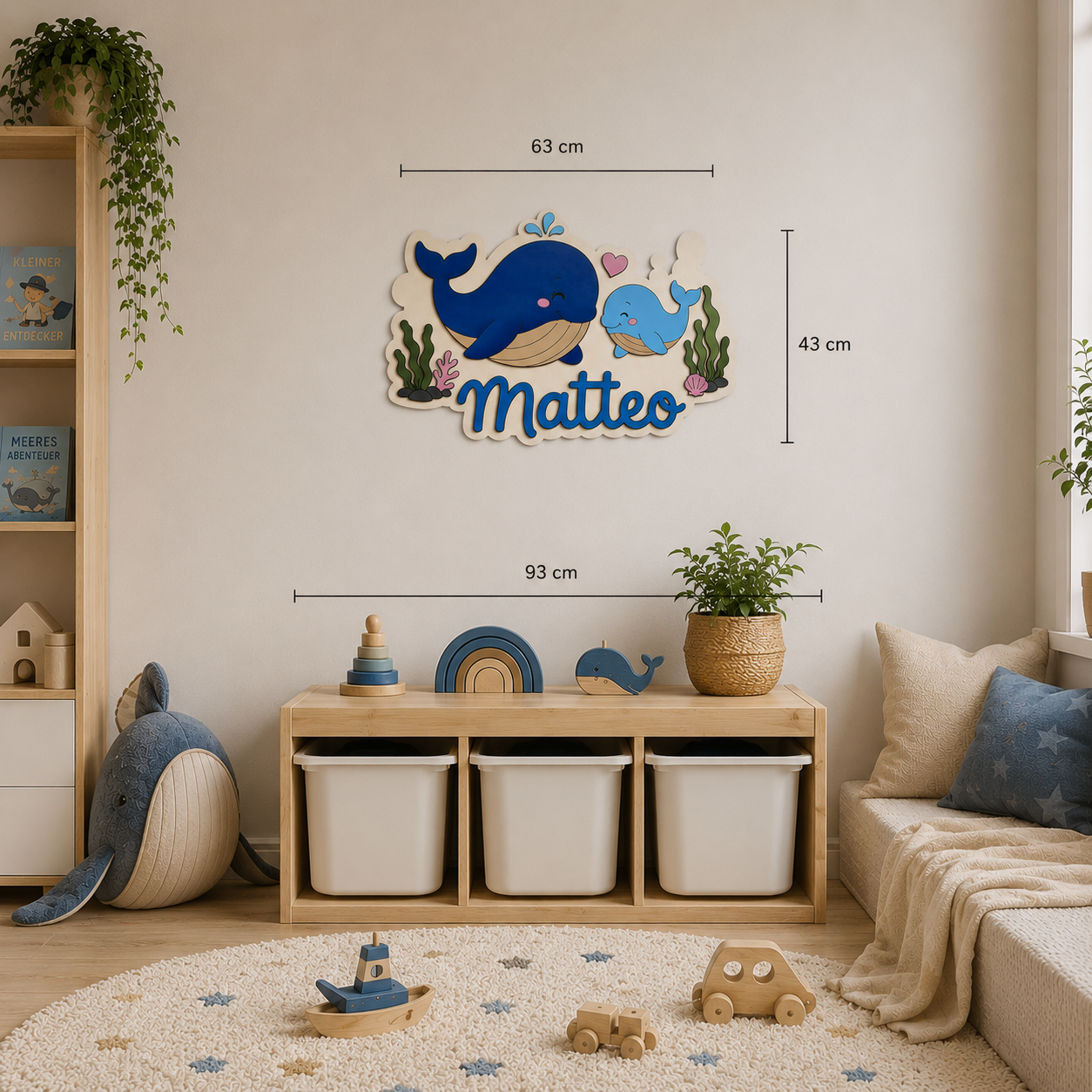 Personalisiertes Wal Wandbild aus Holz | Maritime Kinderzimmer Deko mit Namen