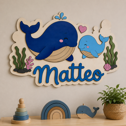 Personalisiertes Wal Wandbild aus Holz | Maritime Kinderzimmer Deko mit Namen