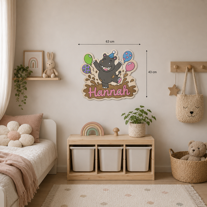 Personalisiertes Nilpferd Wandbild aus Holz | Handgemachte Kinderzimmer Deko mit Namen