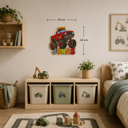 Personalisiertes Monstertruck Holz-Wandbild mit Namen | Kinderzimmer Deko handgemacht
