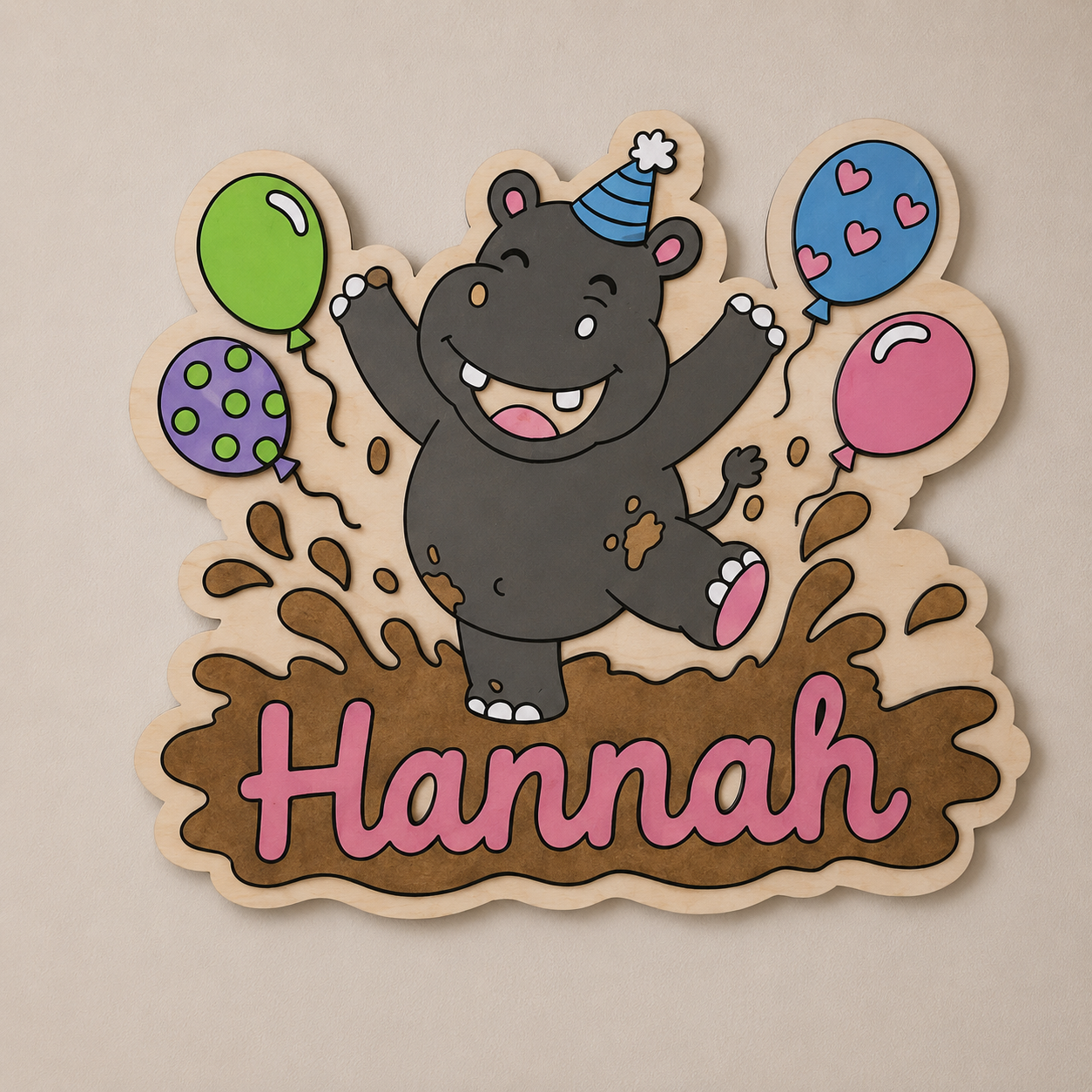Personalisiertes Nilpferd Wandbild aus Holz | Handgemachte Kinderzimmer Deko mit Namen