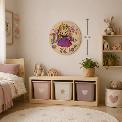 Personalisierte Feen Wanddeko aus Holz mit Namen | Handgemachtes Kinderzimmer Wandbild