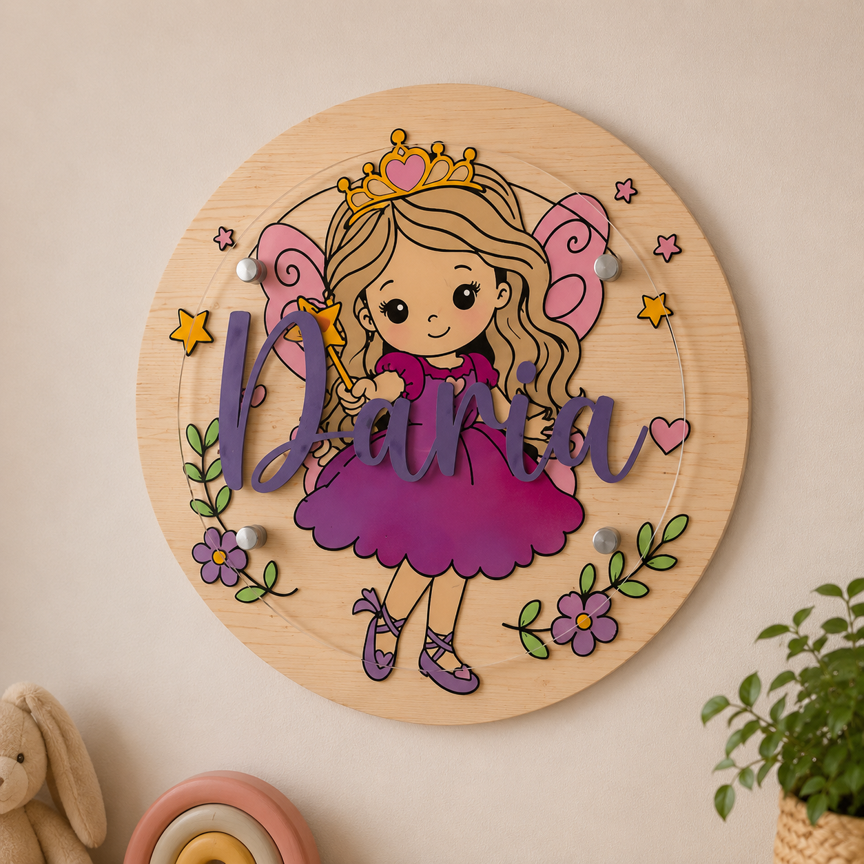 Personalisierte Feen Wanddeko aus Holz mit Namen | Handgemachtes Kinderzimmer Wandbild