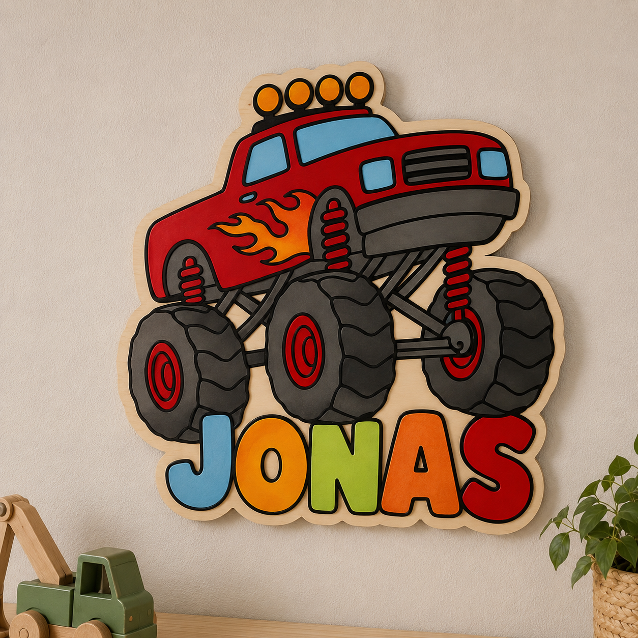 Personalisiertes Monstertruck Holz-Wandbild mit Namen | Kinderzimmer Deko handgemacht