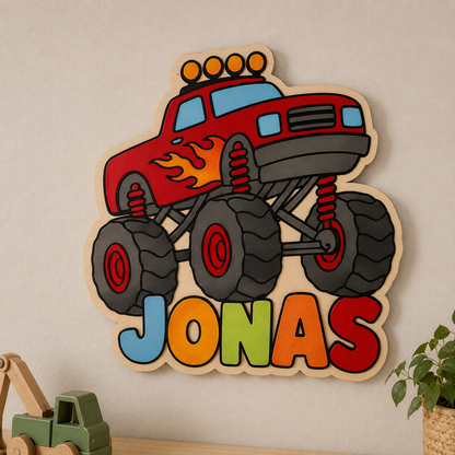 Personalisiertes Monstertruck Holz-Wandbild mit Namen | Kinderzimmer Deko handgemacht