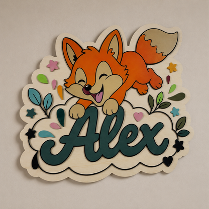 Personalisiertes Fuchs Namensschild aus Holz | Handgemachte Kinderzimmer Wanddeko