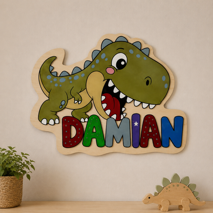 Personalisierte Dino Wanddeko aus Holz | Kinderzimmer Namensschild mit T-Rex