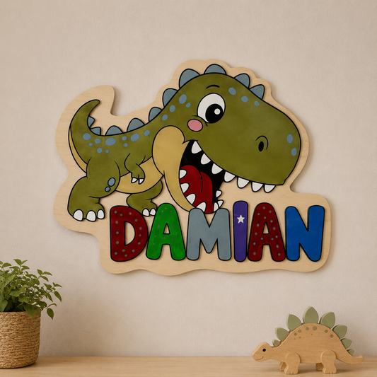 Personalisierte Dino Wanddeko aus Holz | Kinderzimmer Namensschild mit T-Rex