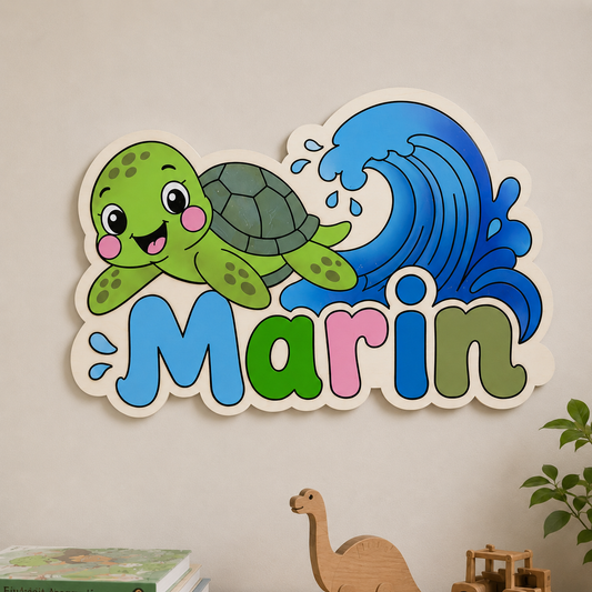 Personalisierte Schildkröten Wanddeko aus Holz | Handgemachtes Namensschild fürs Kinderzimmer