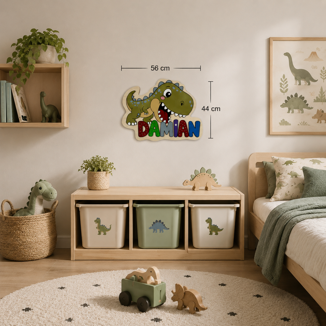 Personalisierte Dino Wanddeko aus Holz | Kinderzimmer Namensschild mit T-Rex
