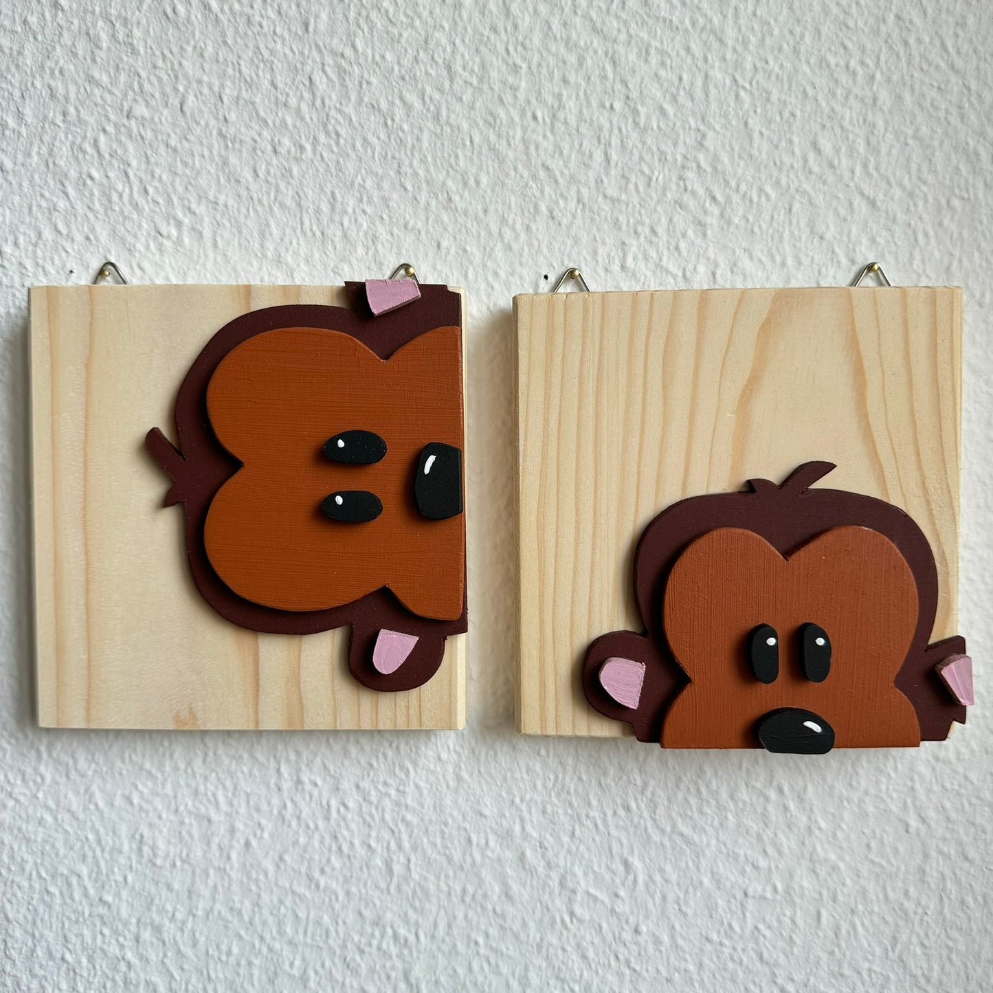 Holzbild mit 3D Effekt, 14x14cm, Affe Manki im 2er-Set